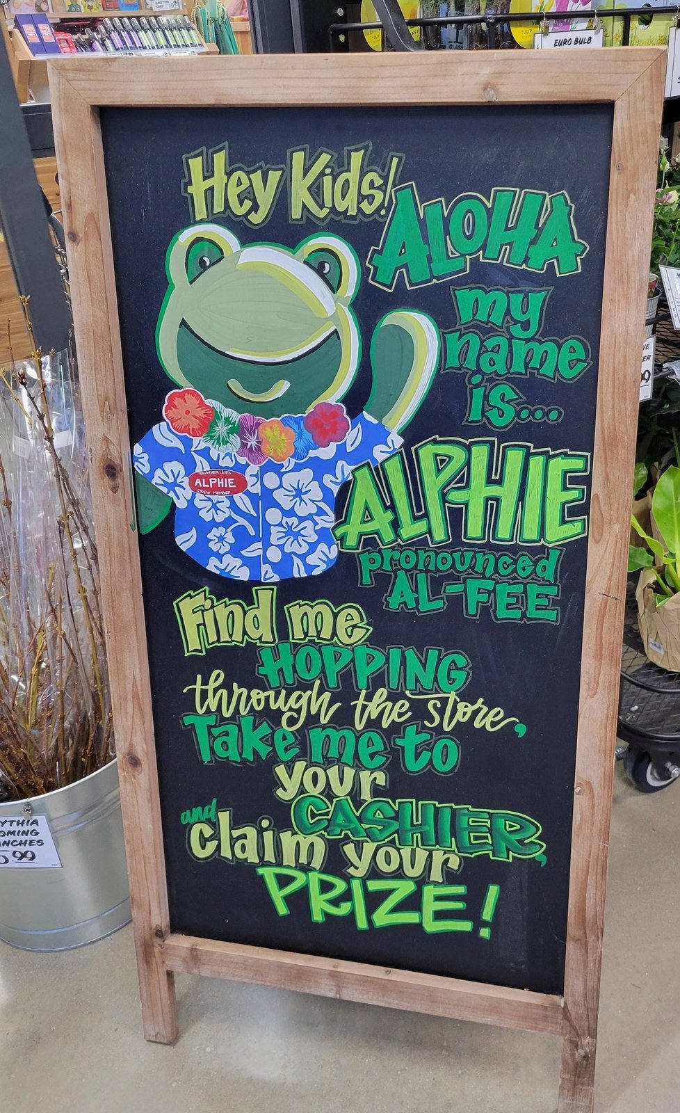 Alphie the Frog at Trader Joe's Alpharetta